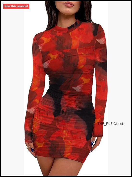Dresses & Skirts - Mesh Sheer Long Sleeve Ruched Mini Dress Bodycon Mock Neck Cocktail Party Club